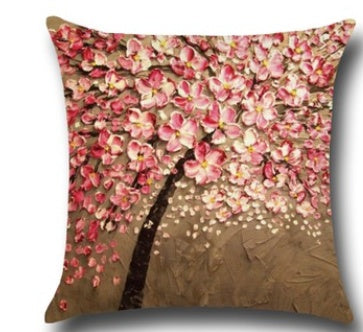 Three-dimensional Oil Painting Trees Flowers Cotton Cushion Pillowcase