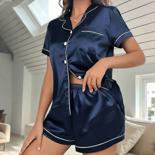 Short Sleeved Silk-like Comfortable Breathable Cardigan Pajamas