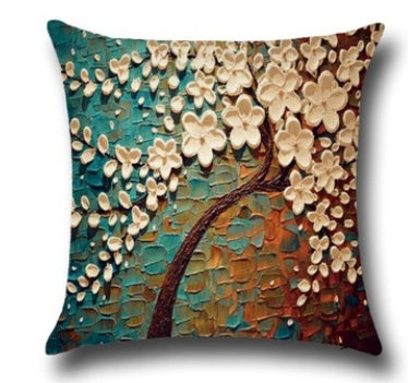 Three-dimensional Oil Painting Trees Flowers Cotton Cushion Pillowcase