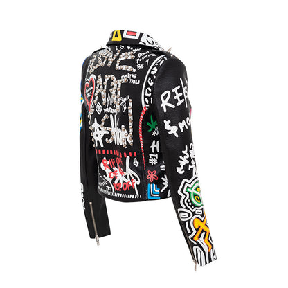 Printed Hit Color Motorcycle Leather Jacket