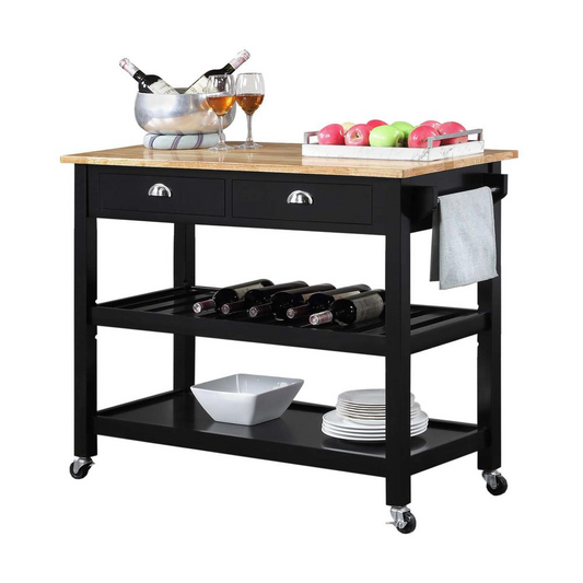 American Heritage 3 Tier Butcher Block Kitchen Cart with Drawers, Butcher Block/Black