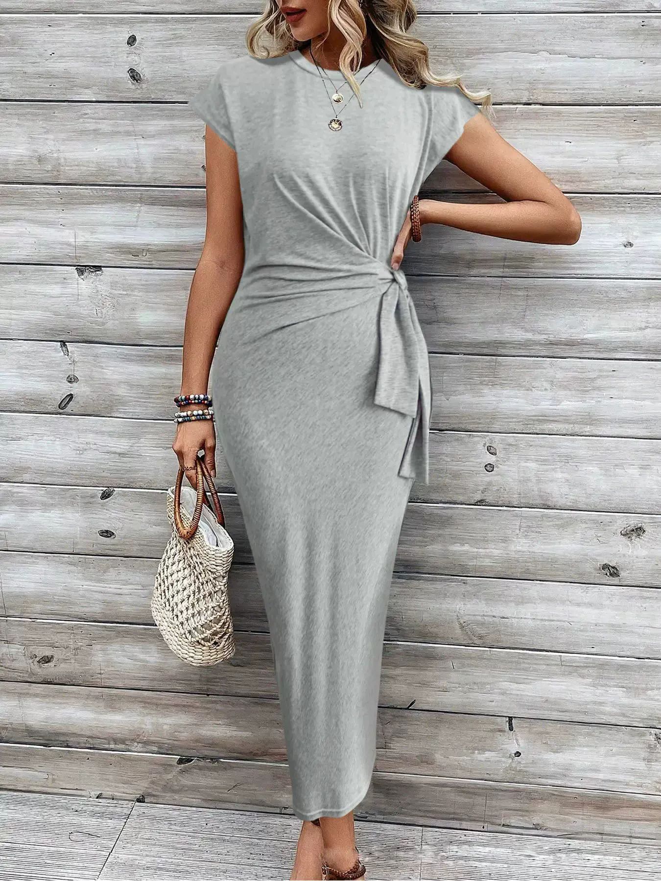Waist Strap Striped Round Neck Short Sleeve And Long Pattern Dress