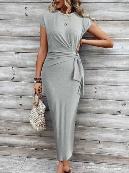 Waist Strap Striped Round Neck Short Sleeve And Long Pattern Dress