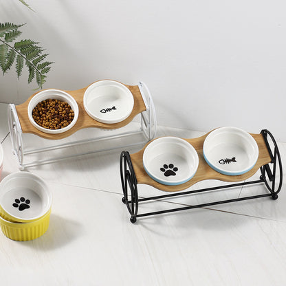 Bamboo And Wood High-foot Double Ceramic Cat Bowl