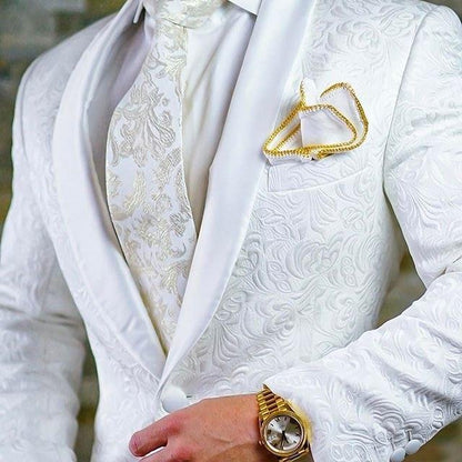 Custom Size Jacquard Groomsmen White Groom Tuxedos Shawl