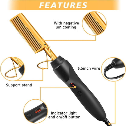 19 Counts Electric Hot Comb Hair Straightener, Deluxe Electrical Straightening Comb Curling Iron For Natural Black Hair Wigs Pressing Combs With Melting Spray Wig Glue Hair Wax Stick Set Haircare Heat