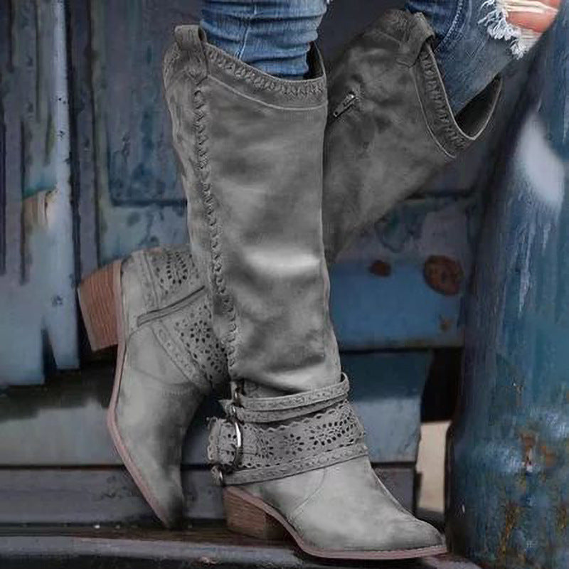 Thick-heeled Lace Belt Buckle Cowgirl Boots