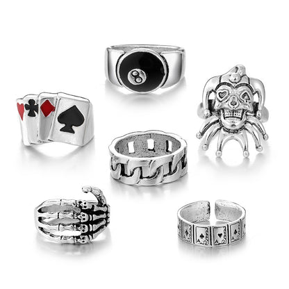 Alloy Poker Card Set Retro Clown Claw Drip Ring 6-piece Ring Set