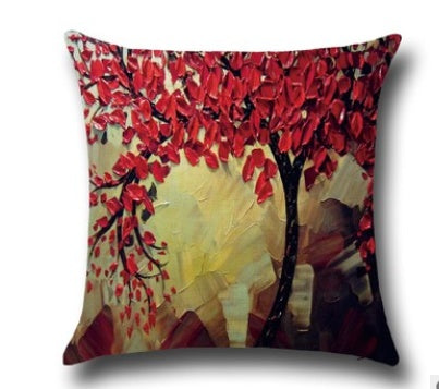 Three-dimensional Oil Painting Trees Flowers Cotton Cushion Pillowcase