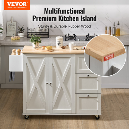 VEVOR Kitchen Island Cart with Solid Wood Top, 45.3" Width Mobile Carts with Storage Cabinet, Rolling Kitchen Table with Spice Rack, Towel Rack, Drop Leaf and Drawer, Portable Islands on Wheels, White