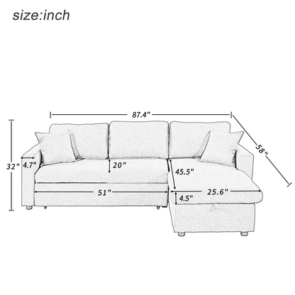 Upholstery  Sleeper Sectional Sofa Grey with Storage Space, 2 Tossing Cushions