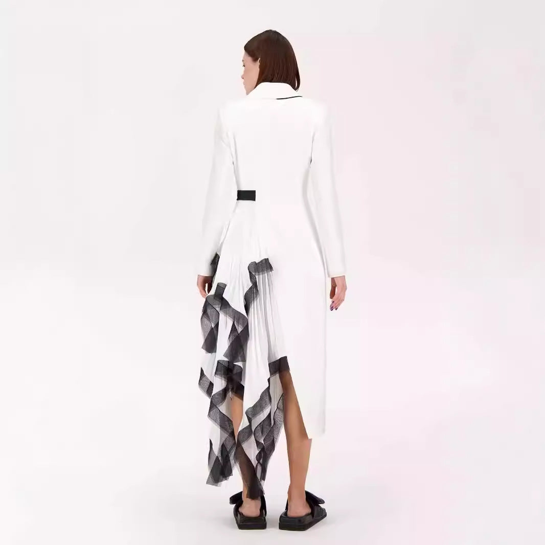 Asymmetric pleated loose mouth ruffle edge contrasting long suit jacket