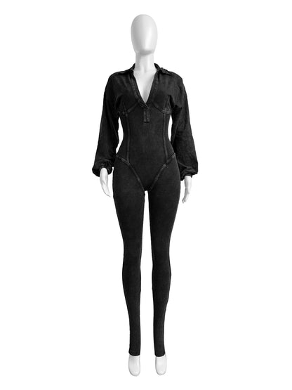 Women's sexy deep V-tight long sleeved autumn and winter jumpsuit