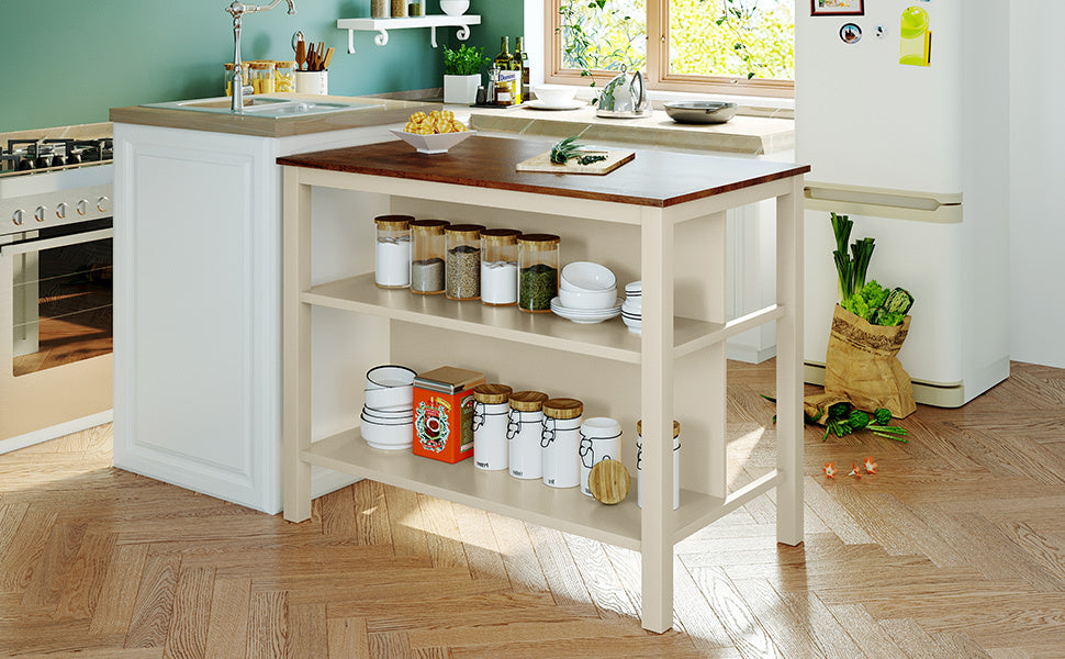 Solid Wood Rustic 45" Stationary Kitchen Island, Rubber Wood Butcher Block Dining Table Prep Table with 2 Open Shelves for Small Places,Walnut+Cream White