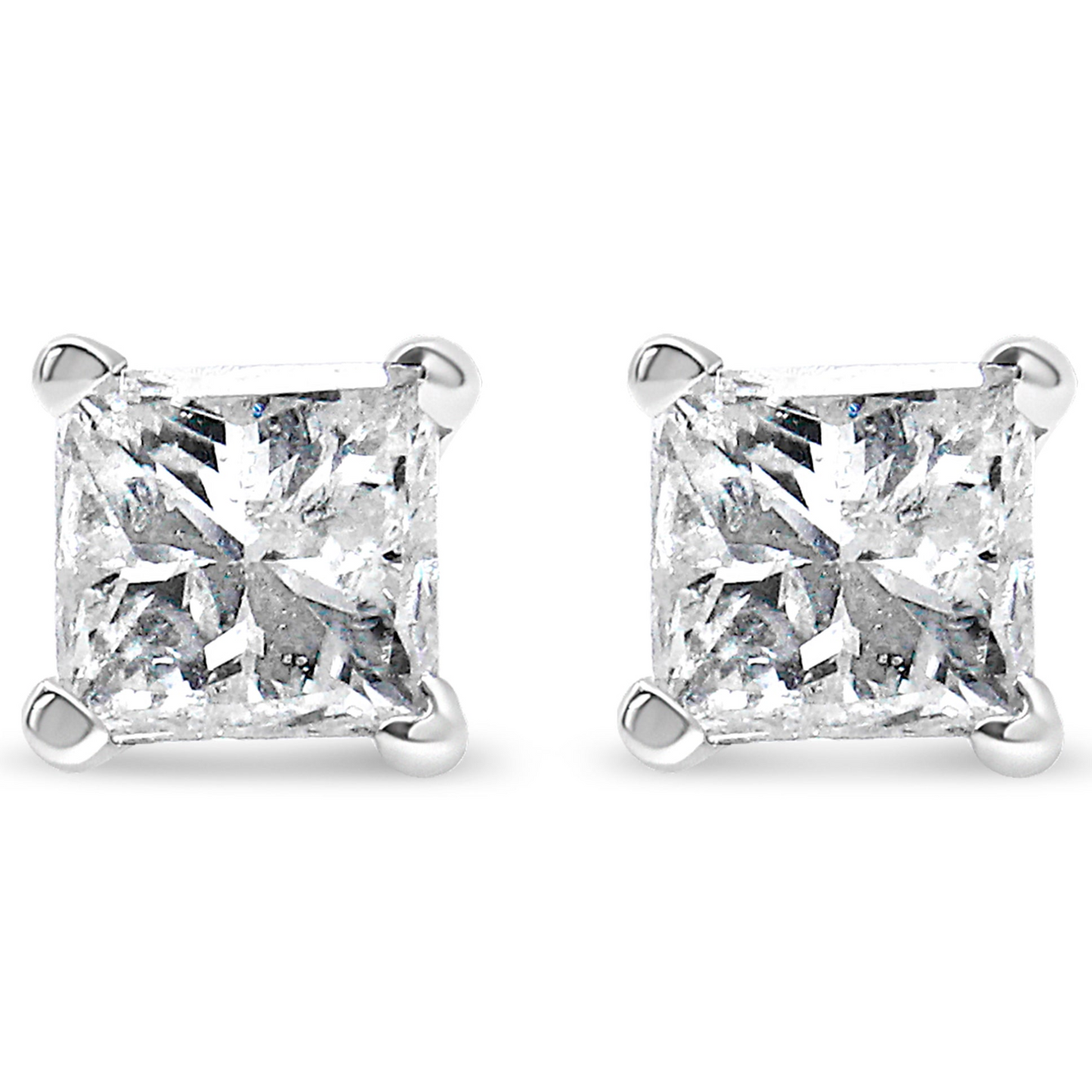 AGS Certified Princess Cut Diamond 14K Gold 4-Prong Solitaire Square Stud Earrings (L-M Color, I1-I2 Clarity)