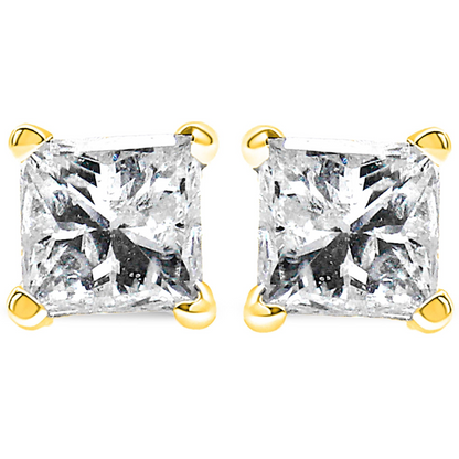 AGS Certified Princess Cut Diamond 14K Gold 4-Prong Solitaire Square Stud Earrings (L-M Color, I1-I2 Clarity)