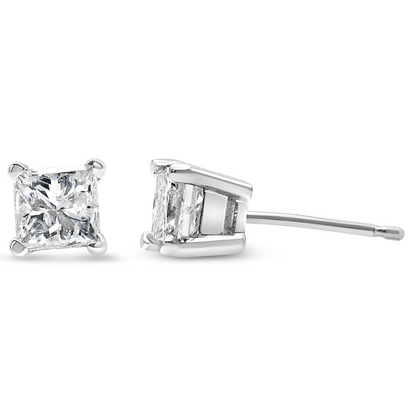 AGS Certified Princess Cut Diamond 14K Gold 4-Prong Solitaire Square Stud Earrings (L-M Color, I1-I2 Clarity)