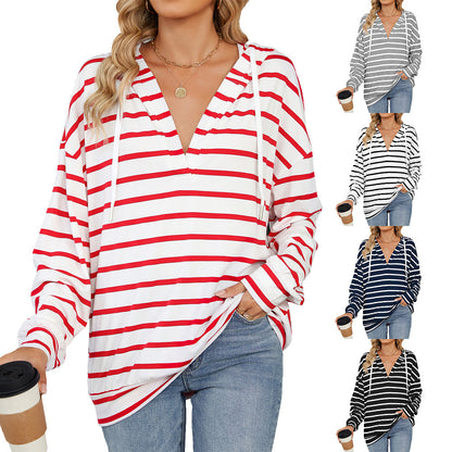 Hoodie With Drawstrings Striped Top