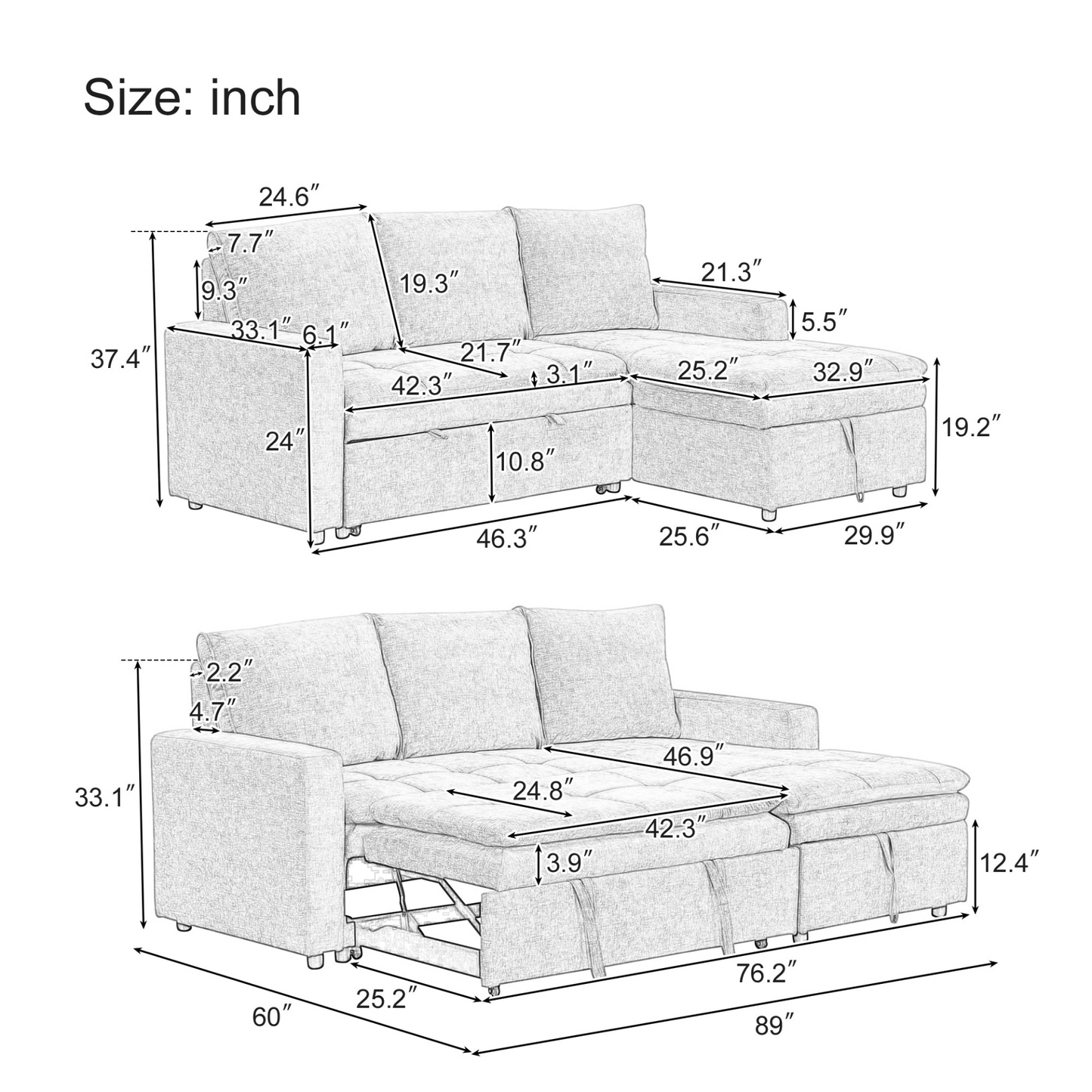 Soft Upholstered Sectional Sofa Bed with Storage Space, Suitable for Living Rooms and Apartments.