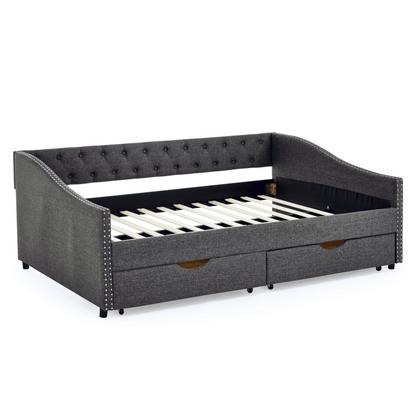 Full Size Daybed with Drawers Upholstered Tufted Sofa Bed, with Button on Back and Copper Nail on Waved Shape Arms(80.5''x55.5''x27.5'')