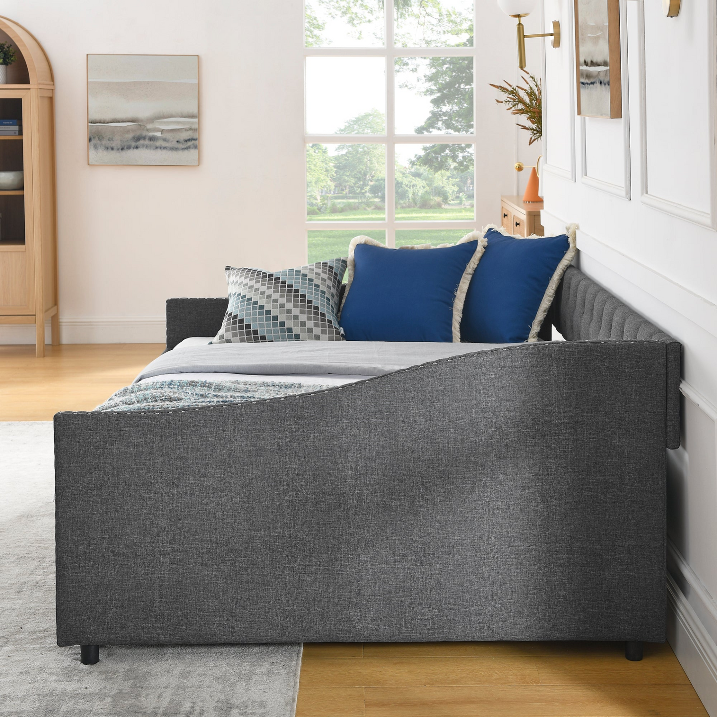 Full Size Daybed with Drawers Upholstered Tufted Sofa Bed, with Button on Back and Copper Nail on Waved Shape Arms(80.5''x55.5''x27.5'')