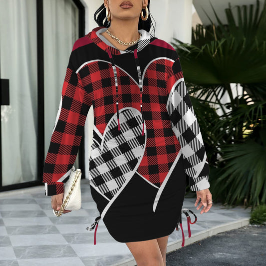 LCM23 Heart of Plaid Long Sleeve Hooded Drawstring Sweatshirt Dress