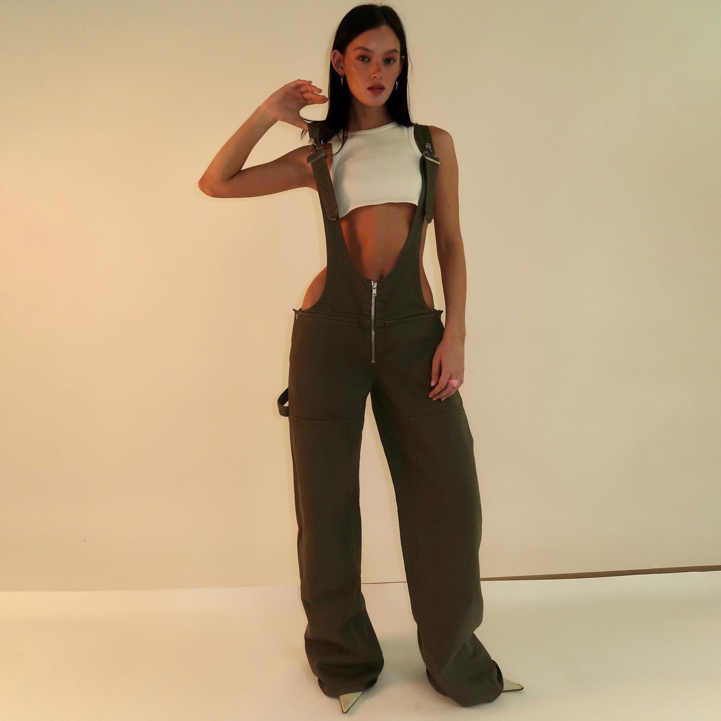 Y2K Zipper Denim Suspender Jumpsuit