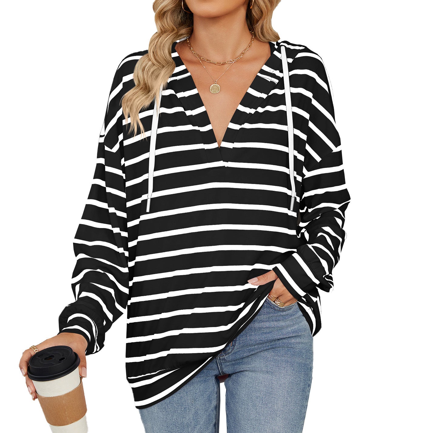 Hoodie With Drawstrings Striped Top