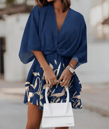 Fashion Print V-Neck Doll Sleeve Loose Cake Dress