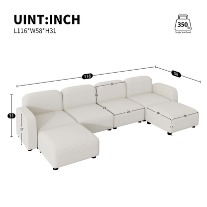 116*58" Velvet Modular Sectional Sofa,U Shaped Reversible Couch Set,Free Combination,6 Seat Sleeper Cloud Sofa Bed with Ottoman,Convertible Oversized Indoor Furniture Pieces for Living Room,Beige