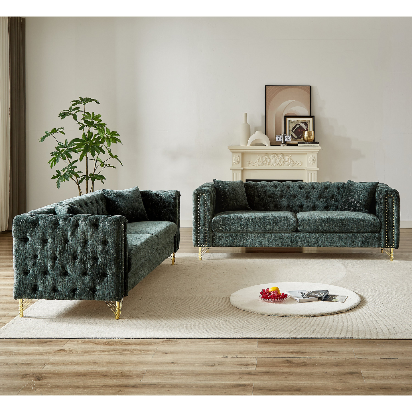 Chenille Pull Buckle Design Sofa for Living Room,Buttons Tufted With Copper Nail Decoration Armrest, Modern Couch Upholstered Button And Metal Legs