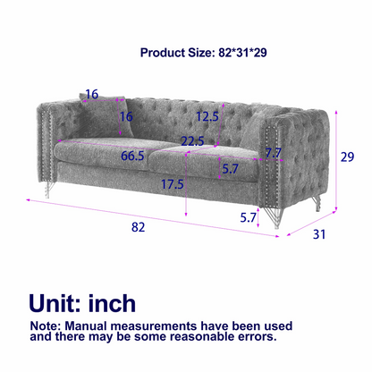 Chenille Pull Buckle Design Sofa for Living Room,Buttons Tufted With Copper Nail Decoration Armrest, Modern Couch Upholstered Button And Metal Legs