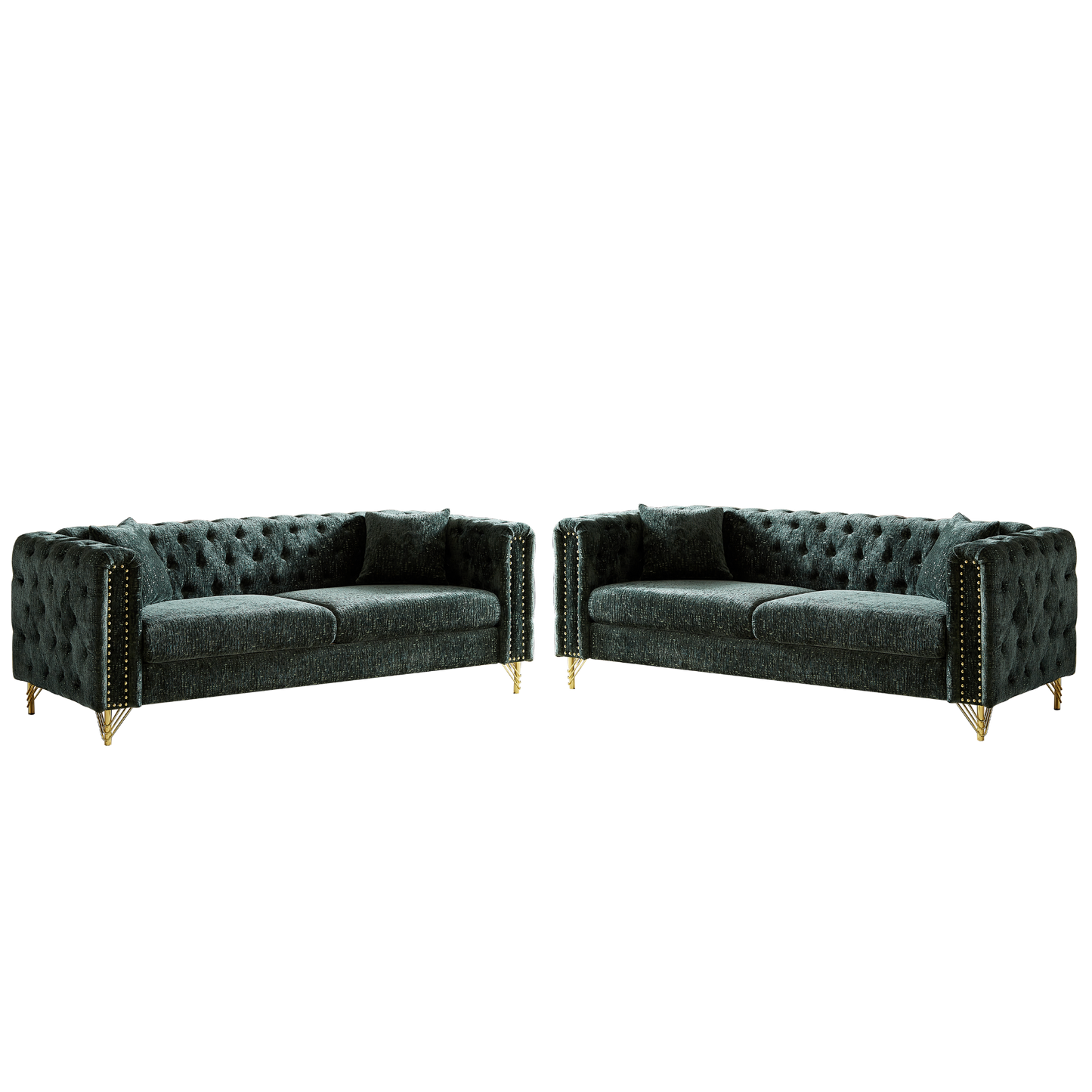 Chenille Pull Buckle Design Sofa for Living Room,Buttons Tufted With Copper Nail Decoration Armrest, Modern Couch Upholstered Button And Metal Legs