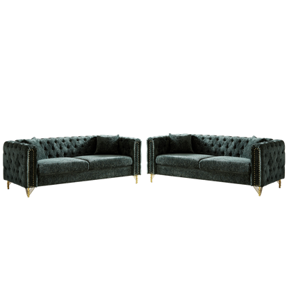 Chenille Pull Buckle Design Sofa for Living Room,Buttons Tufted With Copper Nail Decoration Armrest, Modern Couch Upholstered Button And Metal Legs