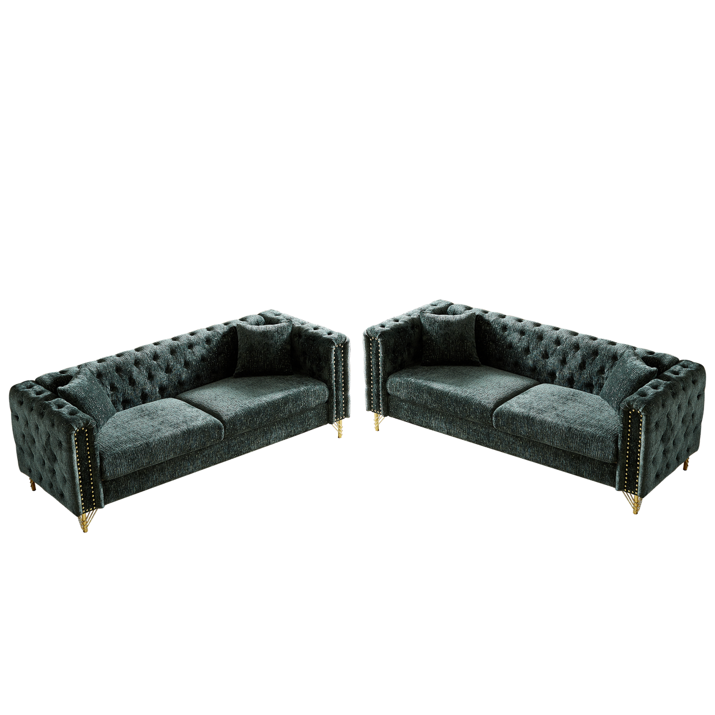 Chenille Pull Buckle Design Sofa for Living Room,Buttons Tufted With Copper Nail Decoration Armrest, Modern Couch Upholstered Button And Metal Legs