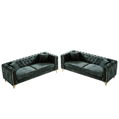 Chenille Pull Buckle Design Sofa for Living Room,Buttons Tufted With Copper Nail Decoration Armrest, Modern Couch Upholstered Button And Metal Legs