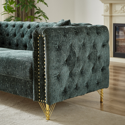 Chenille Pull Buckle Design Sofa for Living Room,Buttons Tufted With Copper Nail Decoration Armrest, Modern Couch Upholstered Button And Metal Legs