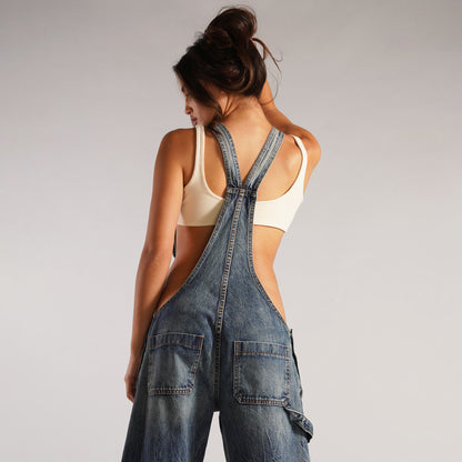 Y2K Zipper Denim Suspender Jumpsuit