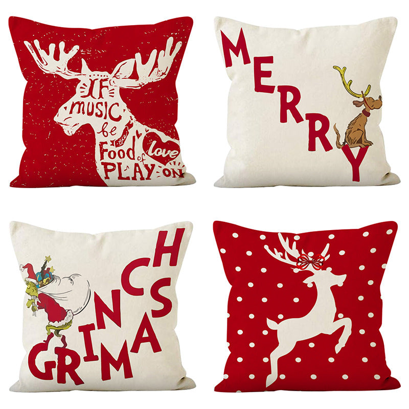 Christmas deer print pillow cover linen pillowcase