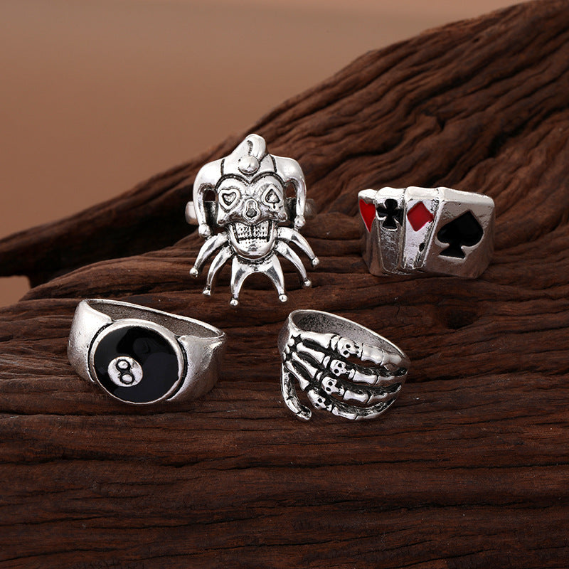 Alloy Poker Card Set Retro Clown Claw Drip Ring 6-piece Ring Set