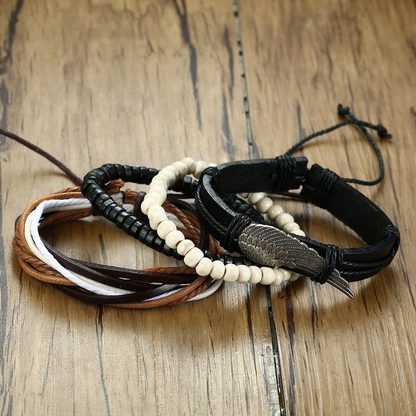 Mens Multilayer Leather Charm Bracelet Set