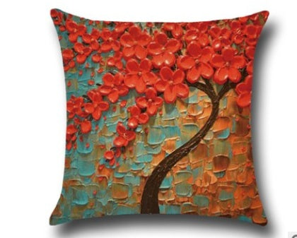 Three-dimensional Oil Painting Trees Flowers Cotton Cushion Pillowcase