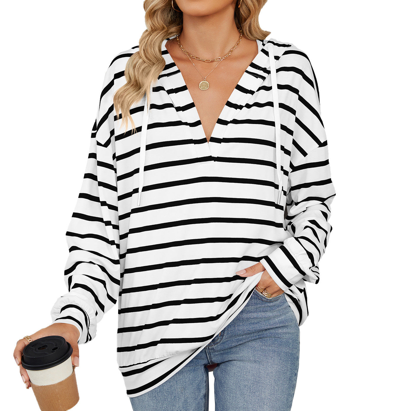 Hoodie With Drawstrings Striped Top