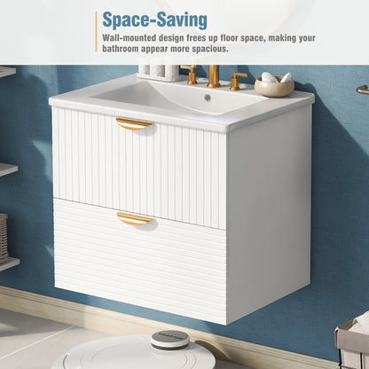 Modern 24-Inch Wall-Mounted Bathroom vanity with 2 Drawers, White - Ideal for Small Bathrooms