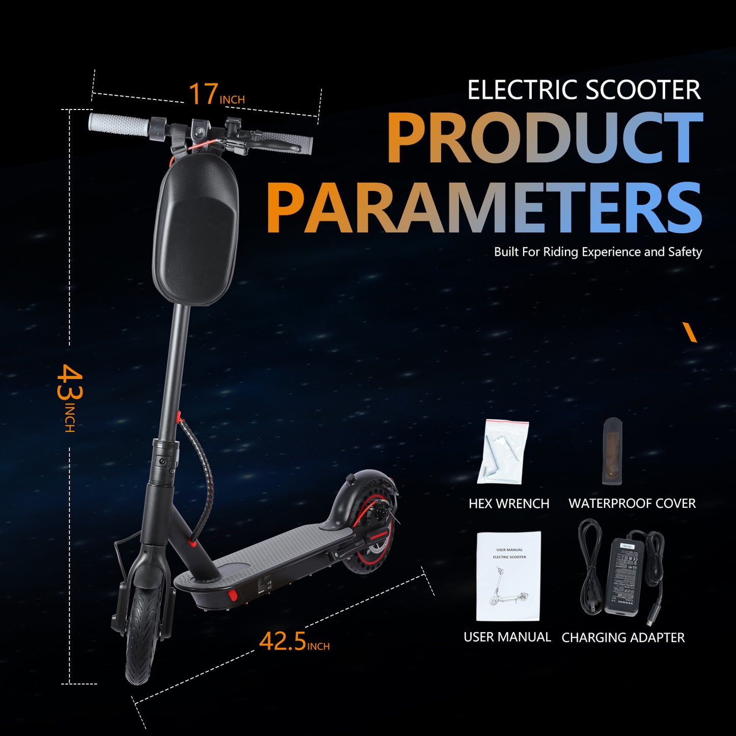 Electric Scooter Motor Power 350W Battery Capacity 36V 10.4Ah Tire Size 8'5inches Max Speed 25-30KM