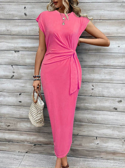 Waist Strap Striped Round Neck Short Sleeve And Long Pattern Dress