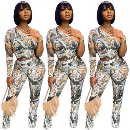 Women's Retro Slim Pants Off Shoulder Long Sleeve High Waist 2 Piece Set