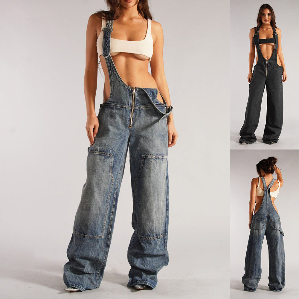 Y2K Zipper Denim Suspender Jumpsuit