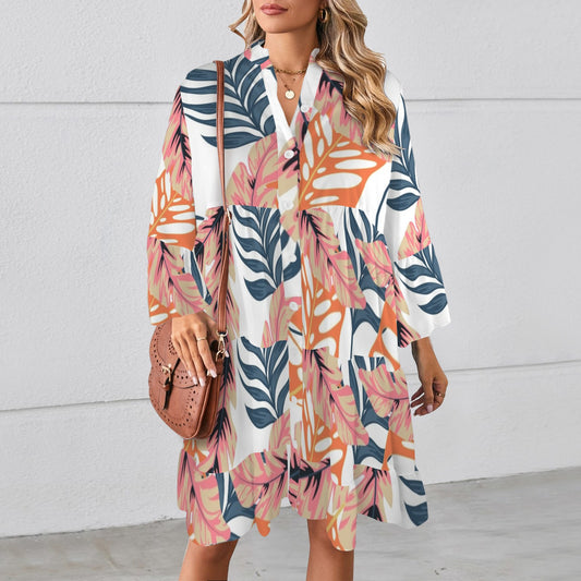 LCM23 Big Leaves Flared Sleeve Button Tiered Shirt Dress