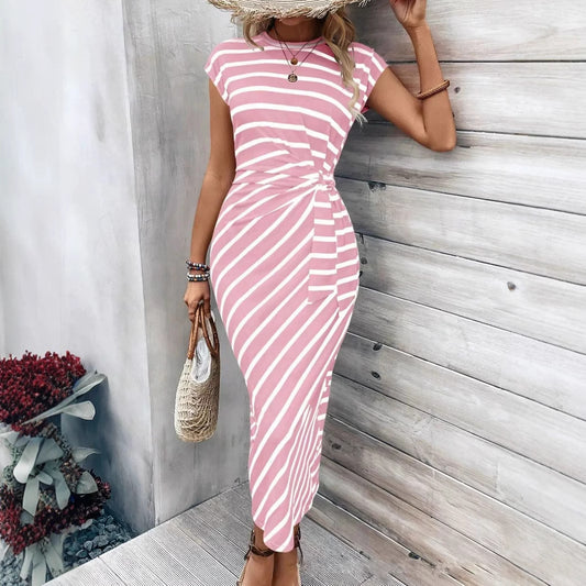 Waist Strap Striped Round Neck Short Sleeve And Long Pattern Dress